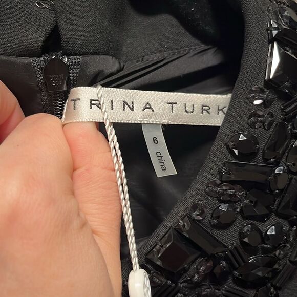 TRINA TURK (NWT) Marta Embellished Collar Crepe Black Mini Shift Dress, Size 6 - Picture 8 of 15